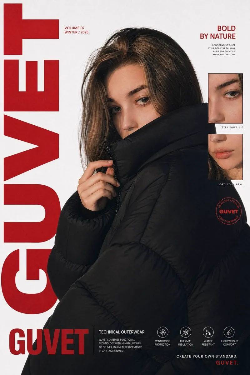 A bold fashion editorial poster featuring a young woman model in a close-up…
