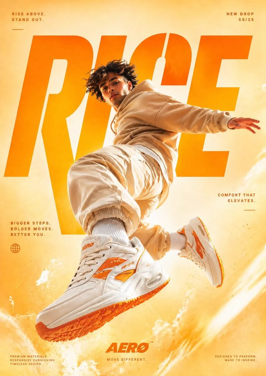 A cinematic, high-end sneaker advertisement poster featuring a young male model…