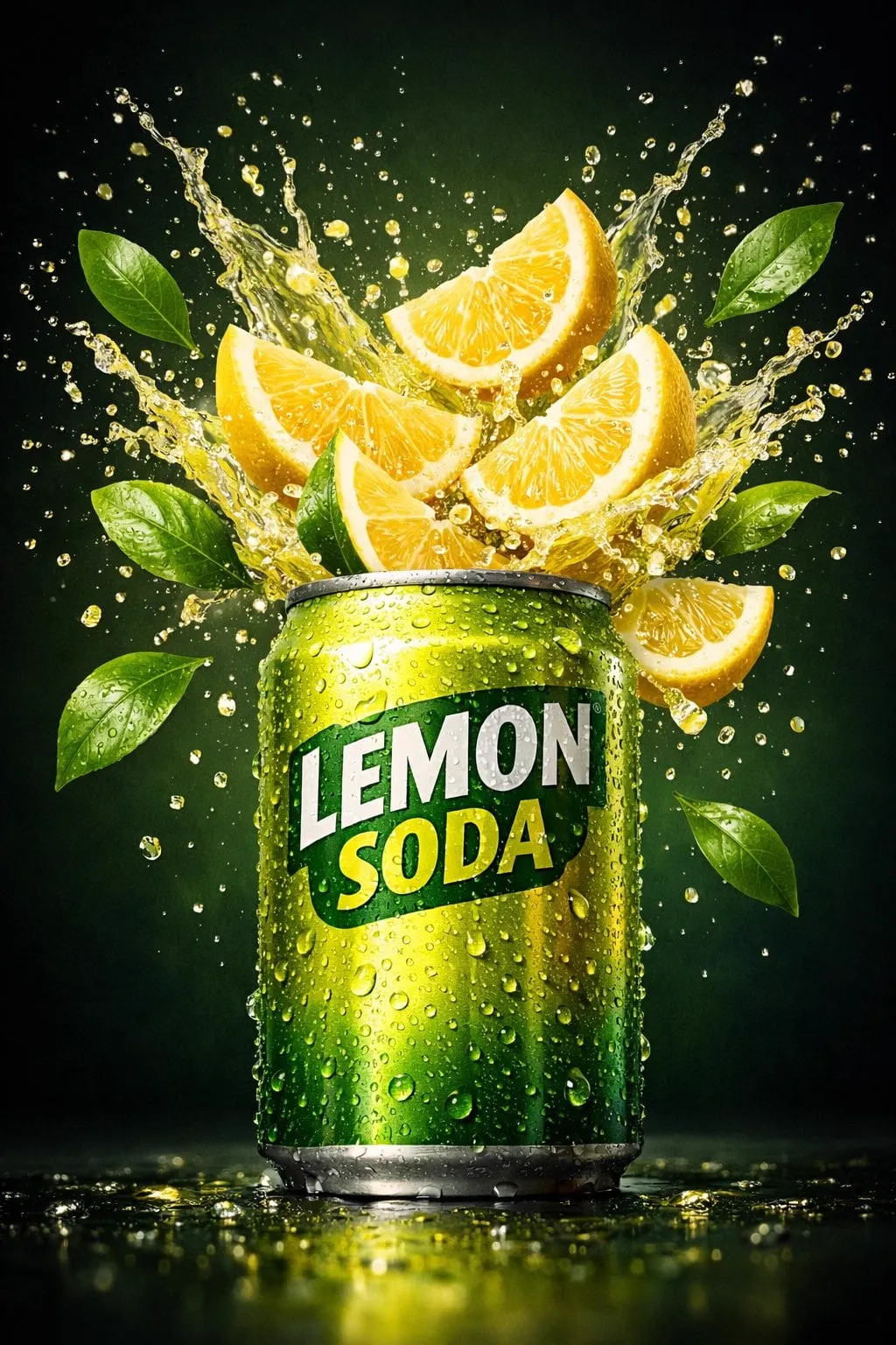 A hyper-realistic commercial product shot of a lemon soda can, with fresh lemon…