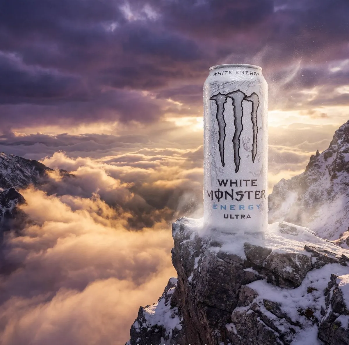 Product ad style AI image on a mountain peak above clouds Created with Google…