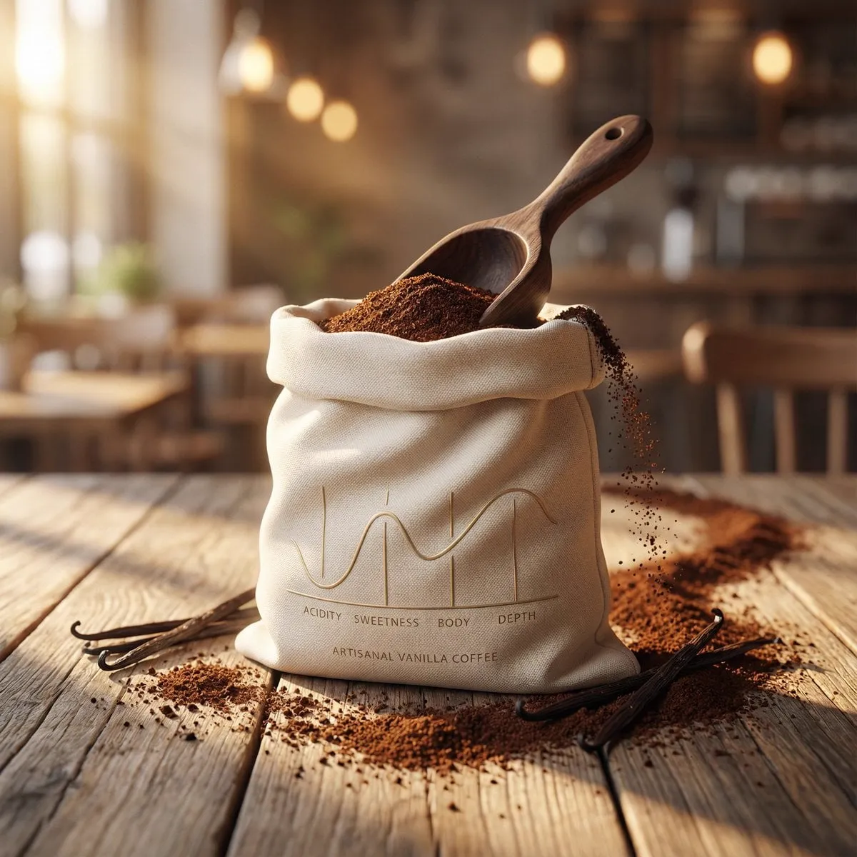 Luxury product photography of artisanal vanilla ground coffee packaged in a…