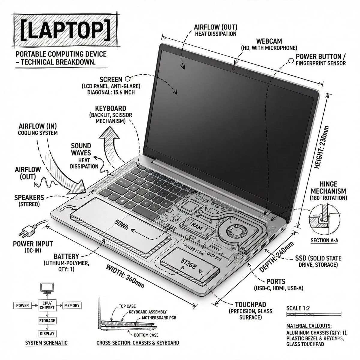 Create an infographic image of laptop ,combining a realistic photograph or…