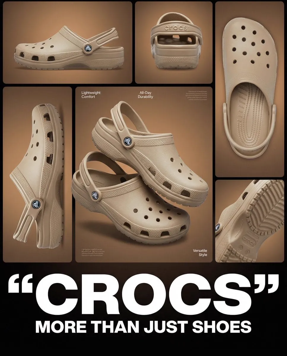 Multi-image product collage poster featuring beige/tan Crocs clog shoes,…