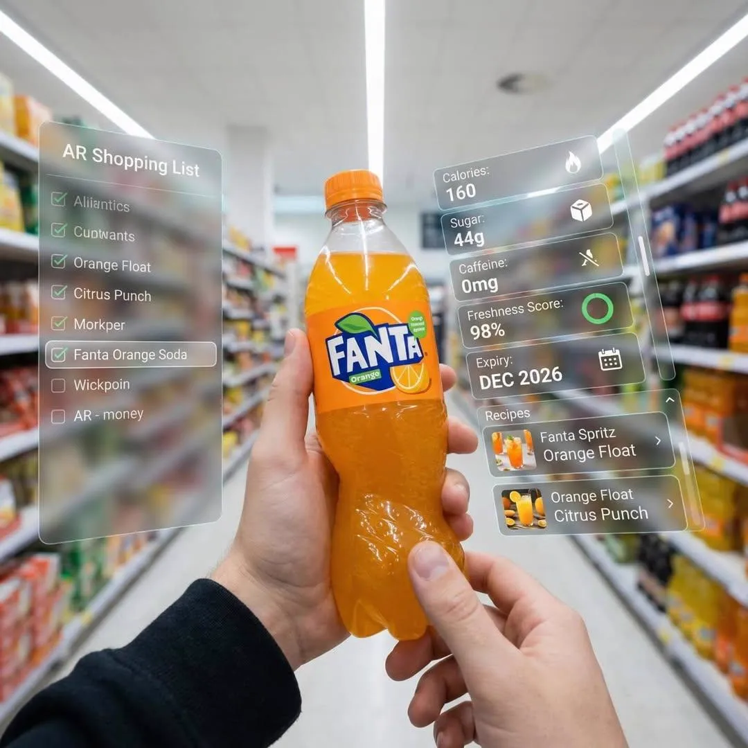First-person perspective inside a brightly lit supermarket aisle — 1/4