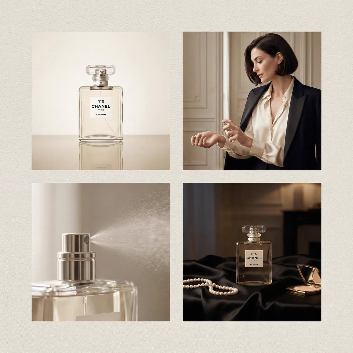 2×2 grid luxury perfume advertisement for Chanel perfume, four distinct yet…