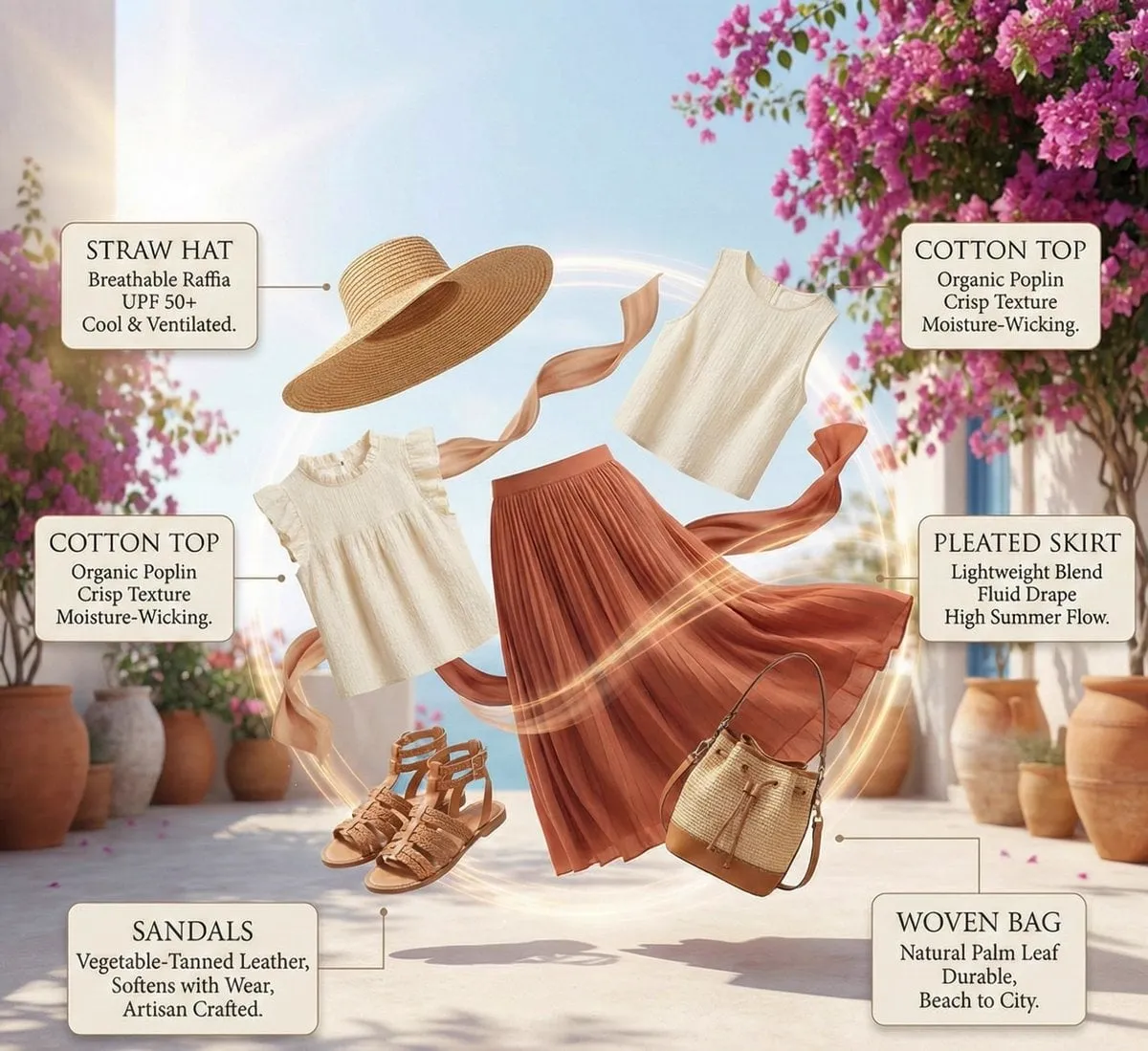 High-fashion summer outfit infographic with color-coordinated floating elements… — 1/2