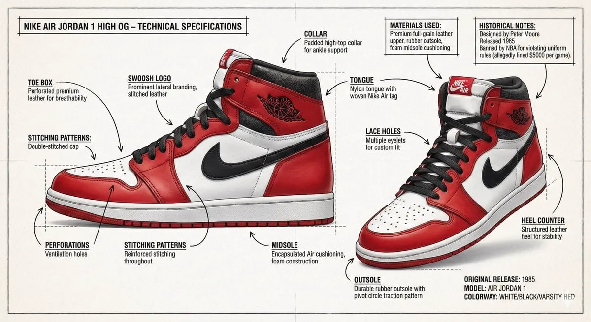 Create an infographic image of Nike Air Jordan 1 High OG sneaker, combining a… — 3/4