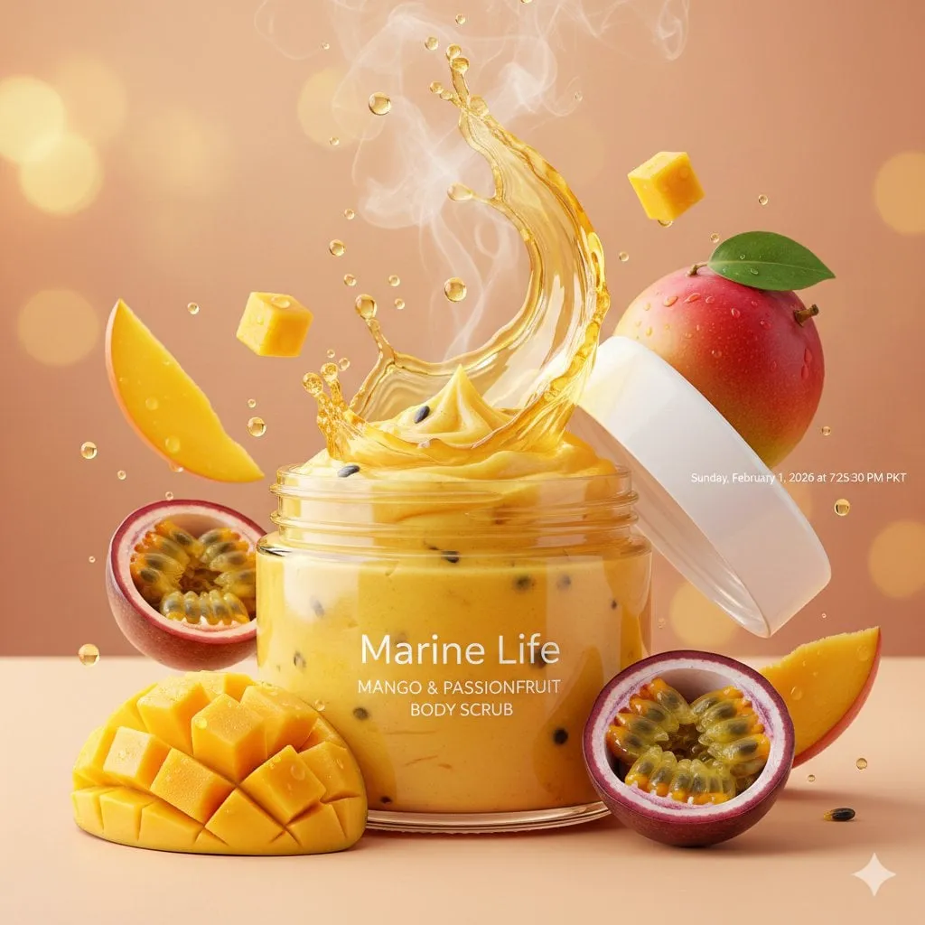 Luxurious tropical body scrub product photography, open jar of bright vibrant…