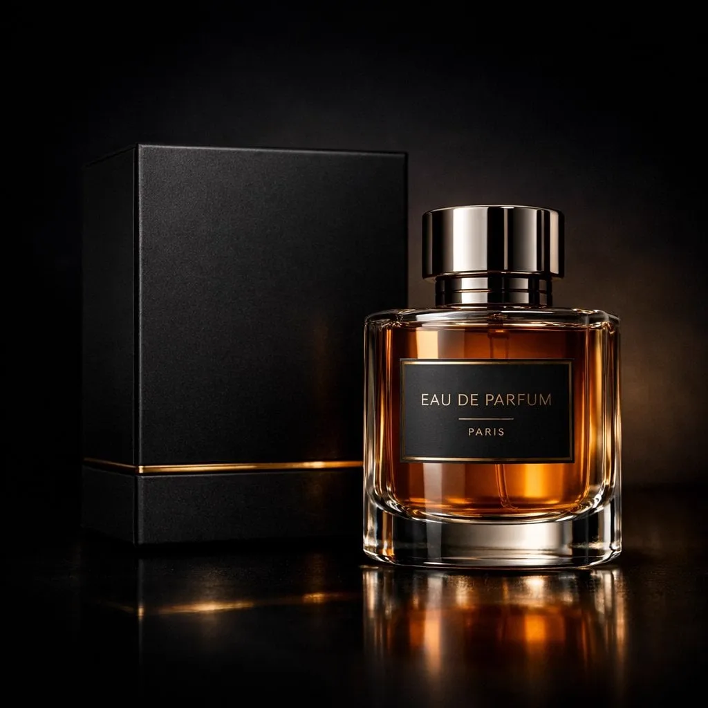 Luxury perfume product photography in a dark cinematic studio