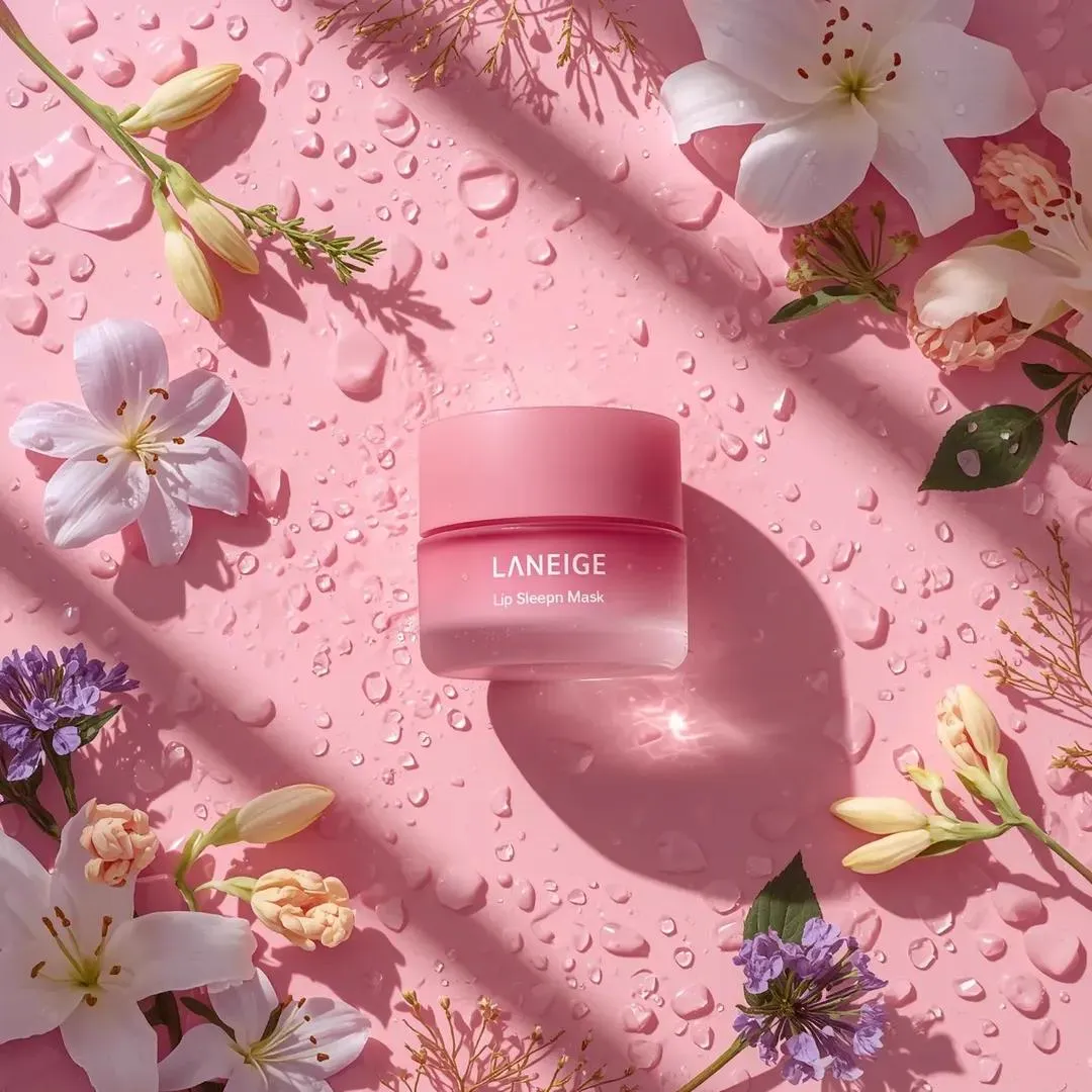 A hyper-realistic beauty product photograph of a pink [LANEIGE Lip Sleeping… — 1/3
