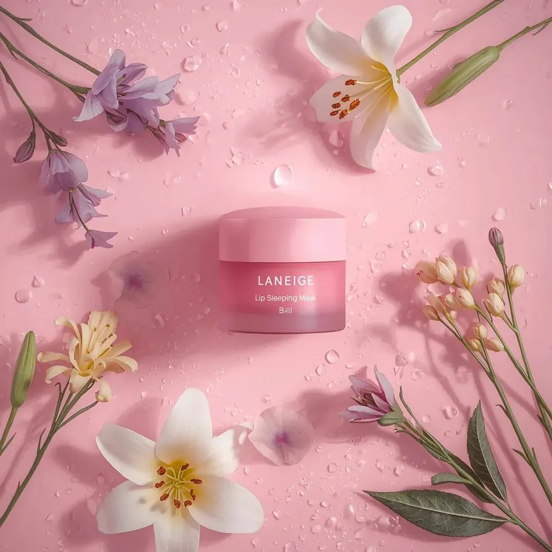 A hyper-realistic beauty product photograph of a pink [LANEIGE Lip Sleeping… — 2/3