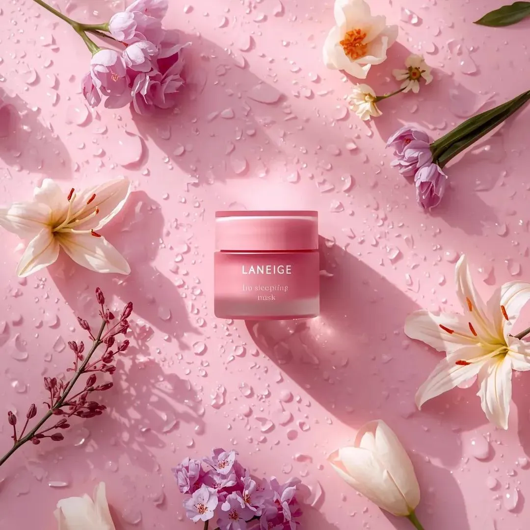 A hyper-realistic beauty product photograph of a pink [LANEIGE Lip Sleeping… — 3/3