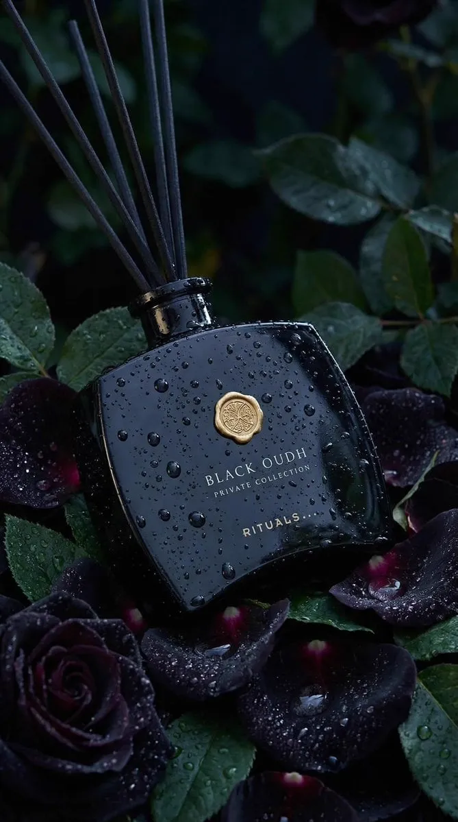 Ultra-realistic luxury product photography of a black glass reed diffuser…