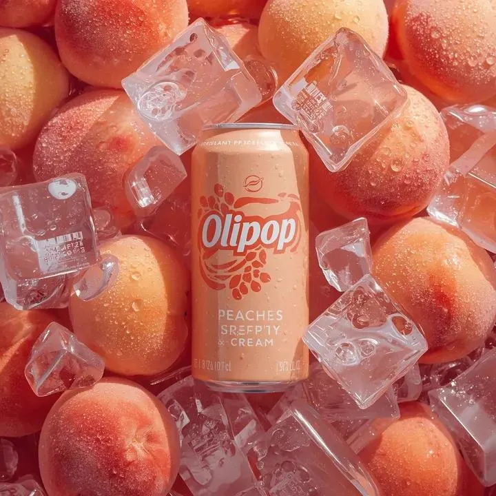 Ultra-realistic commercial product photography of a pastel peach-colored soda… — 1/3