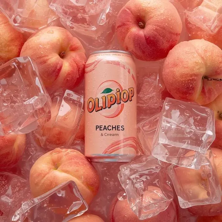 Ultra-realistic commercial product photography of a pastel peach-colored soda… — 2/3