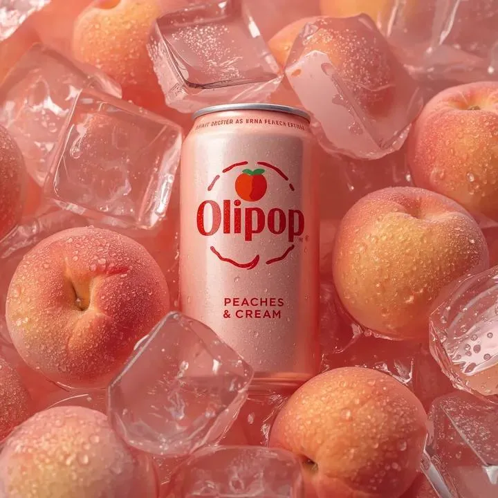 Ultra-realistic commercial product photography of a pastel peach-colored soda… — 3/3