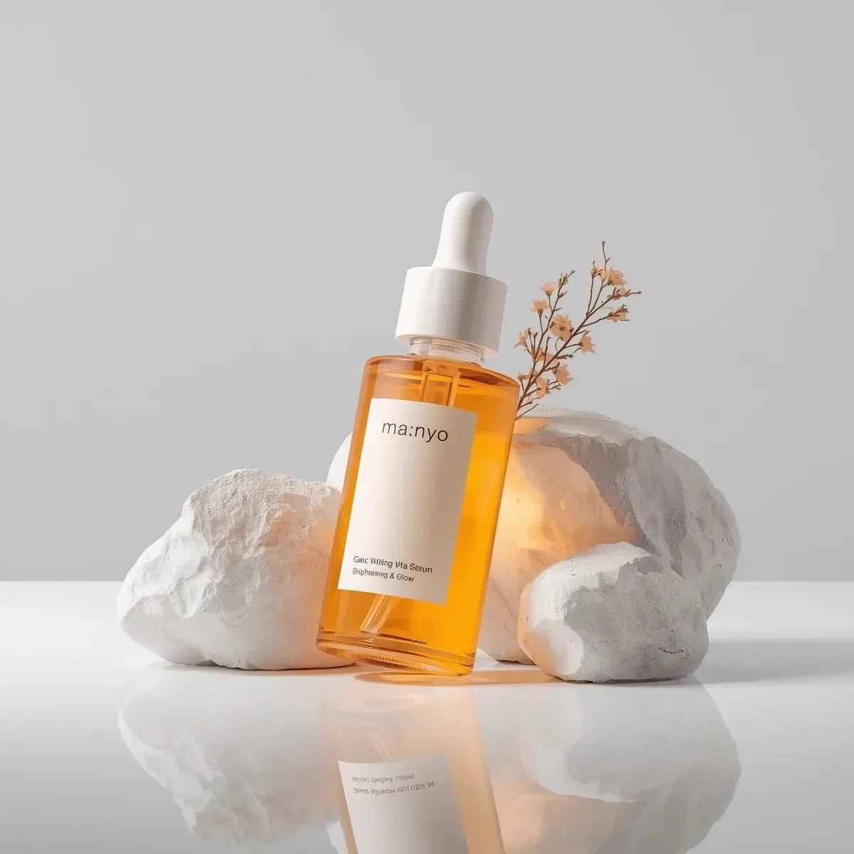 Minimalist studio product photography of an amber glass dropper serum bottle… — 3/4