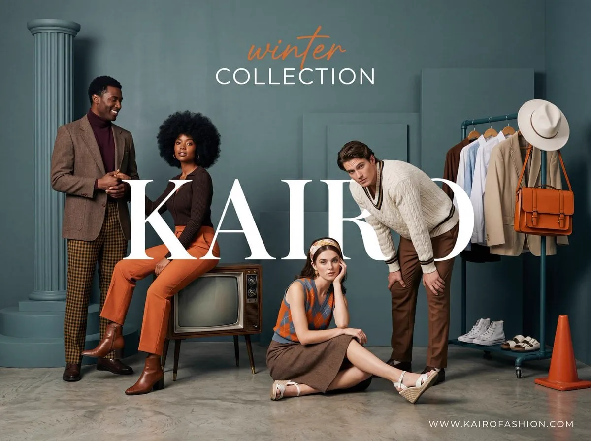 A wide-angle, studio fashion advertisement with a sophisticated retro-modern…
