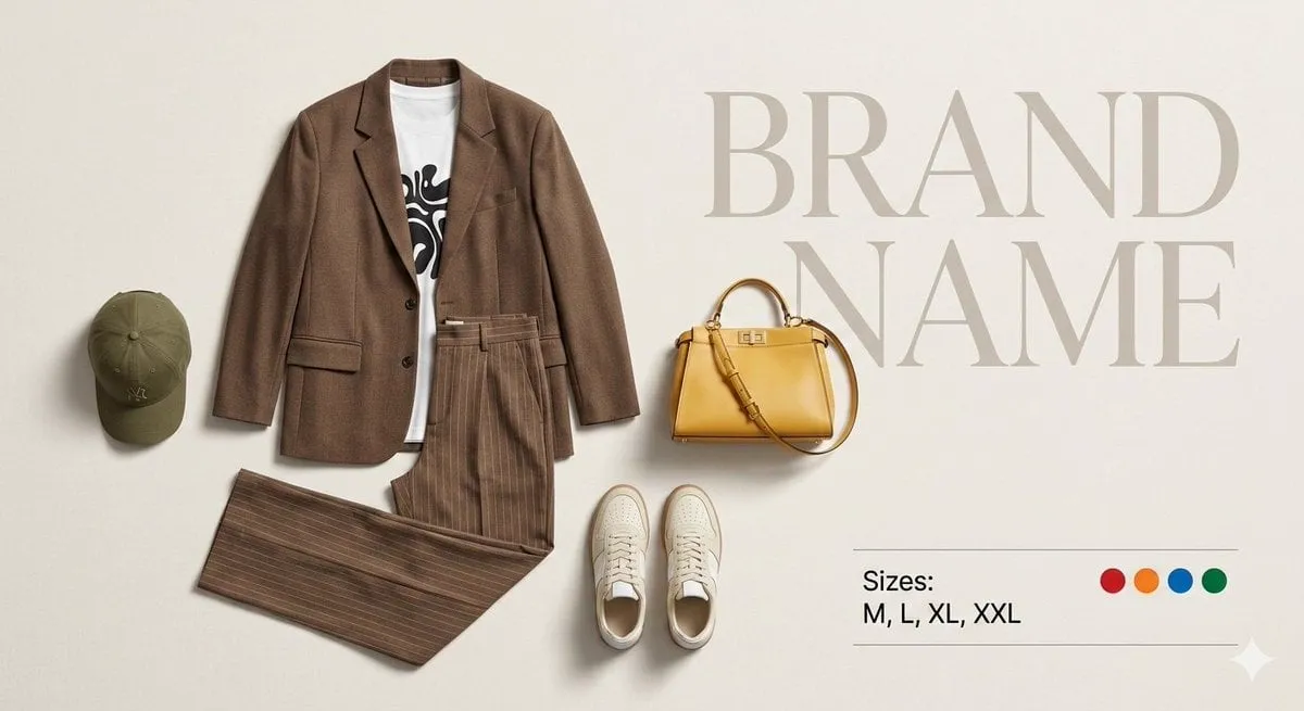 Create a premium fashion catalog flat lay on a clean soft beige studio…