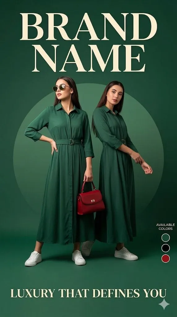 Luxury fashion advertisement poster, deep green background with a soft circular…