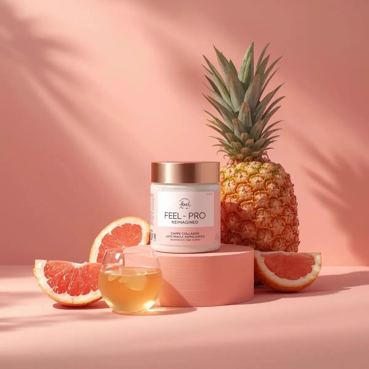 Minimalist luxury product photography of a collagen supplement jar placed on a… — 1/2