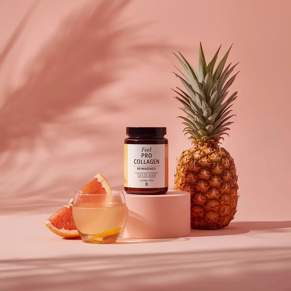 Minimalist luxury product photography of a collagen supplement jar placed on a… — 2/2