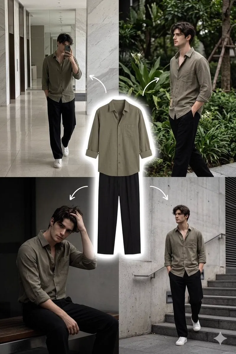 A stylish young man with medium-length wavy dark hair and a clean face, wearing…