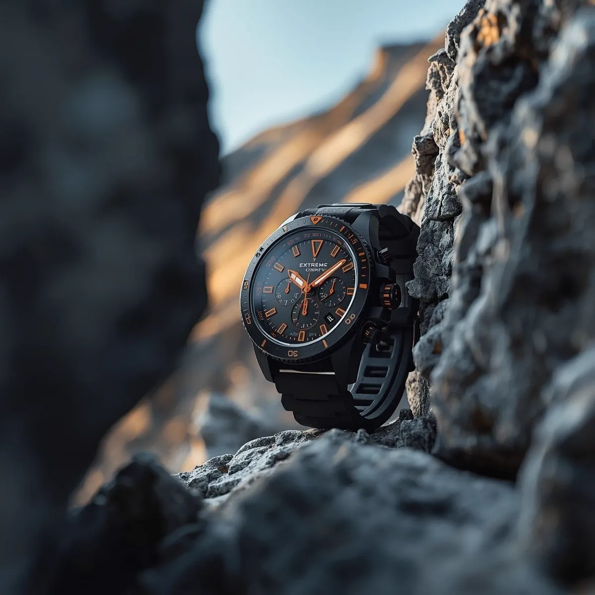 A rugged, matte-black chronograph watch with bold orange accents is tightly…