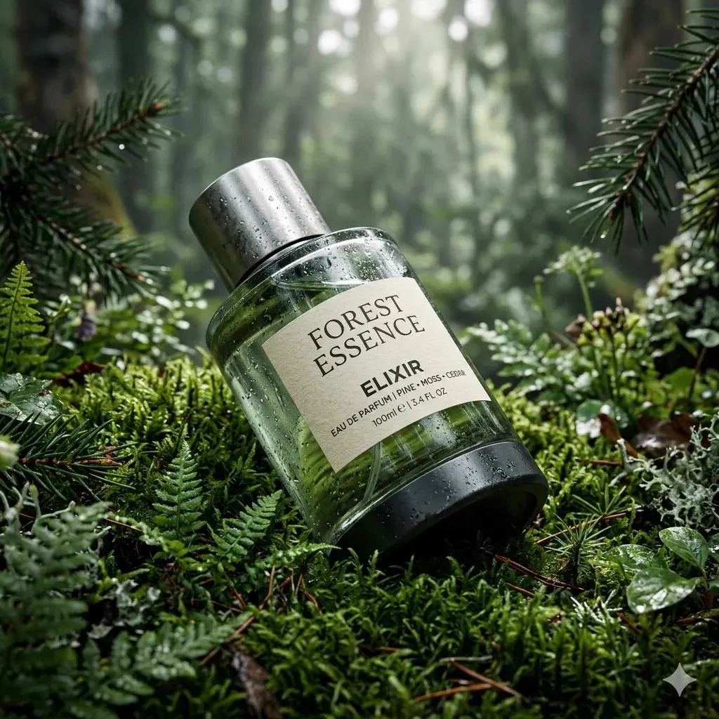 Ultra-realistic premium fragrance product shot of a perfume bottle (Forest… — 1/2