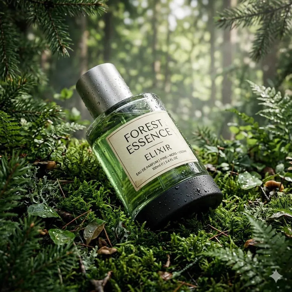 Ultra-realistic premium fragrance product shot of a perfume bottle (Forest… — 2/2