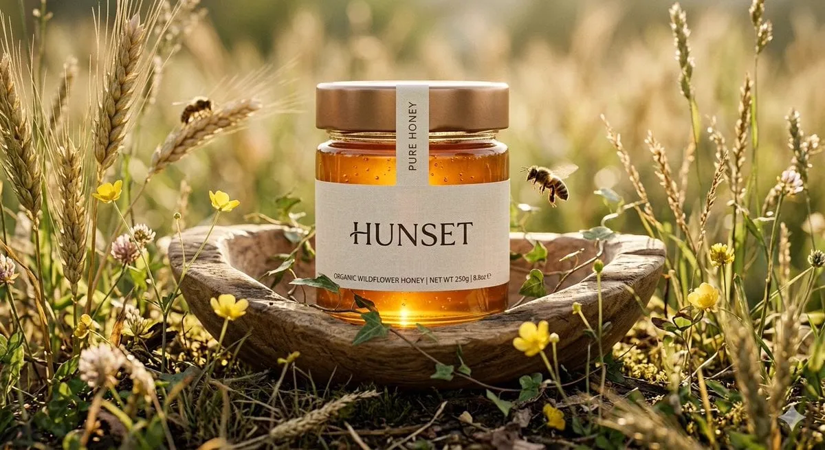 Ultra-realistic cinematic product shot of a premium honey jar placed inside a… — 1/2