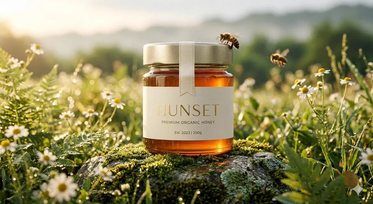 Ultra-realistic cinematic product shot of a premium honey jar placed inside a… — 2/2