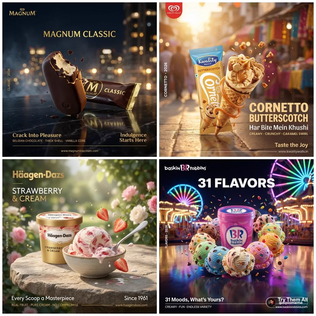 Hyper-realistic professional FMCG ice cream commercial ad poster