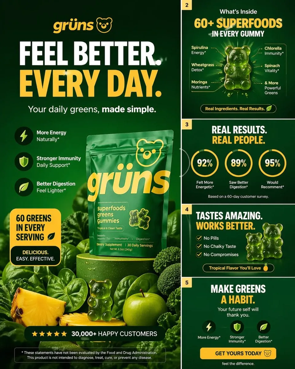 Create a high-converting carousel image for Grüns (greens gummies)