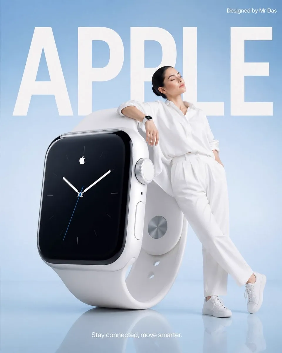 Minimalist commercial ad featuring oversized white smartwatch, ultra-clean…