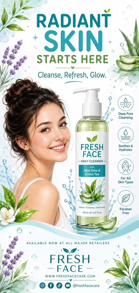 A clean, refreshing vertical advertising poster design for a face wash product,… — 1/2