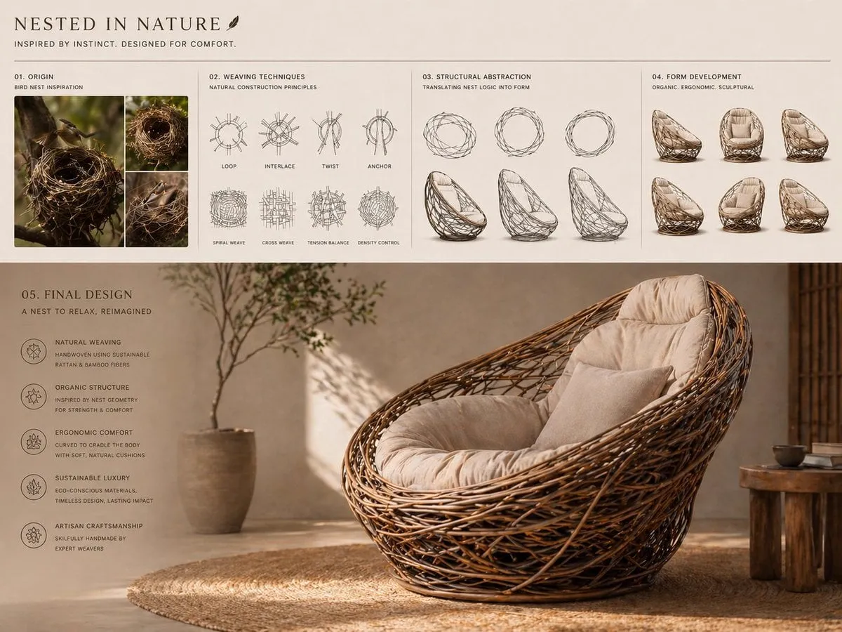 Conceptual transformation, bird nest construction techniques shaping a…