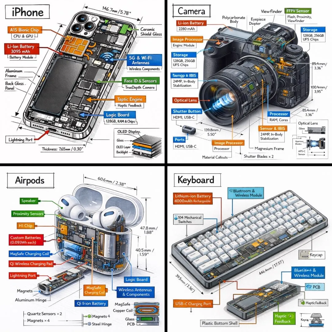 Create a technical infographic of [OBJECT] with a 45-degree isometric 3D…