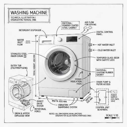 Create an infographic image of [washing machine], combining a realistic…