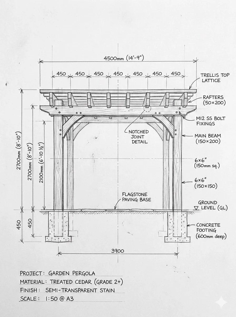 Pergola Blueprint Prompt: Hand-drawn architectural pencil sketch of a wooden…