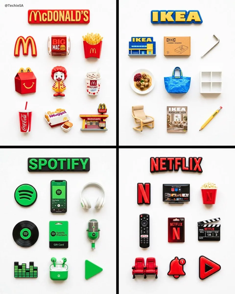 A flat-lay collection of exactly 9 hyper-realistic 3D resin fridge magnets…