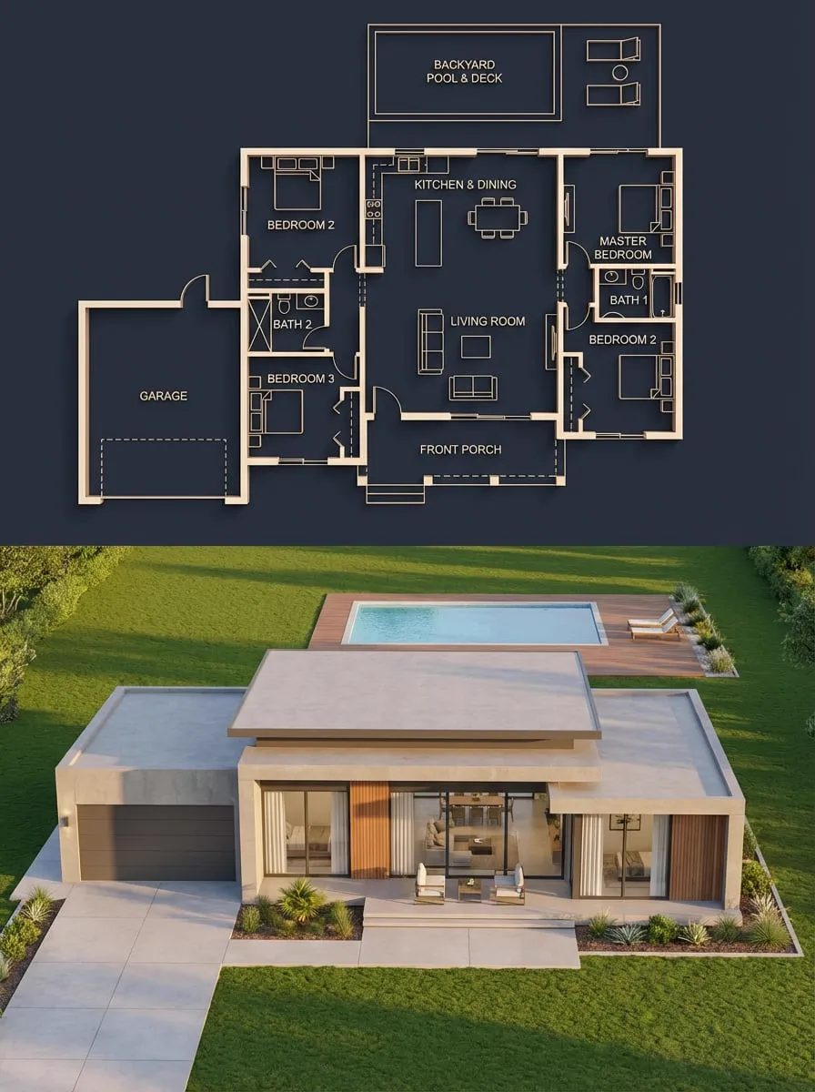 { "objective": "Create a split architectural visualization where the top is a…