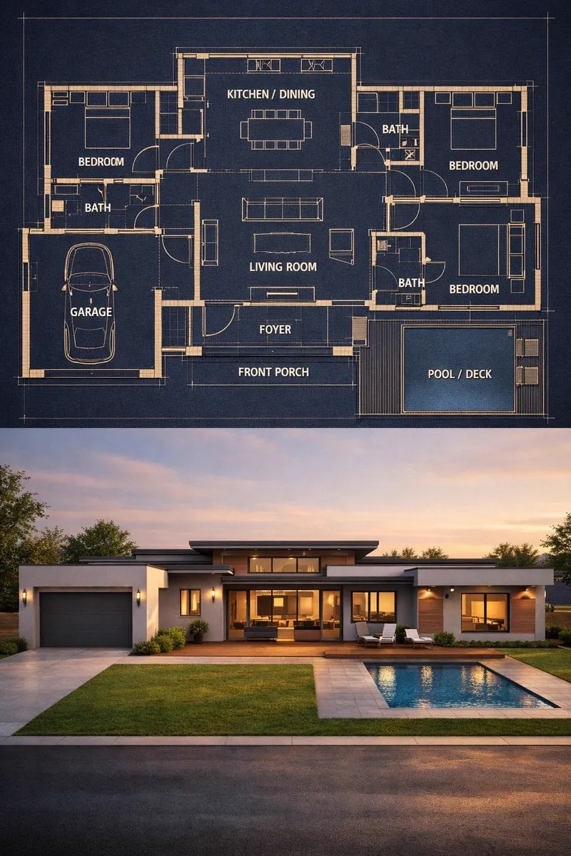 { "objective": "Create a split architectural visualization where the top is a… — 2/2