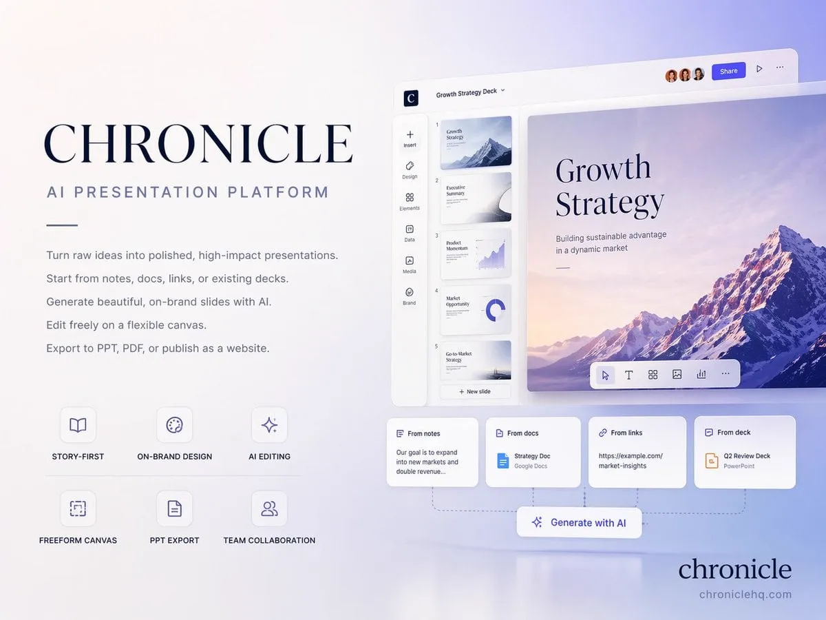 Create a premium 4:3 presentation cover slide introducing Chronicle, the…