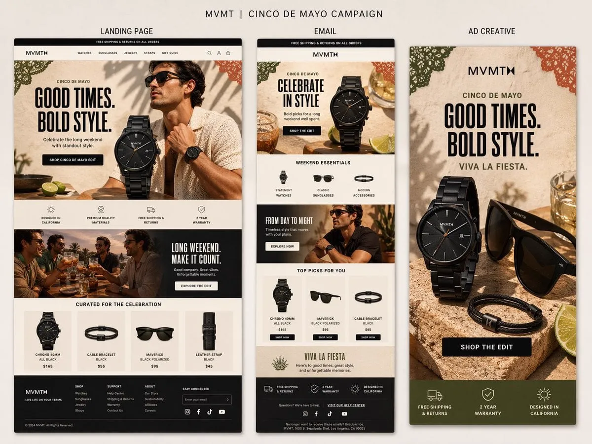 Create a premium presentation-style campaign board for MVMT’s Cinco de Mayo…