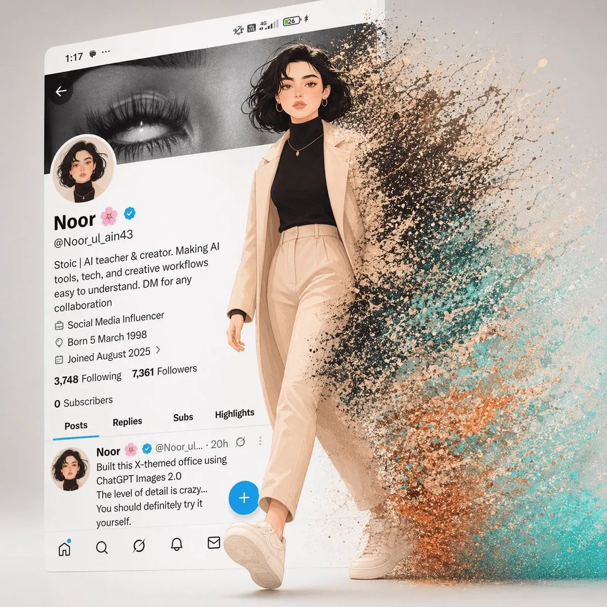 A cinematic digital artwork of a stylish animated girl walking out of a modern…