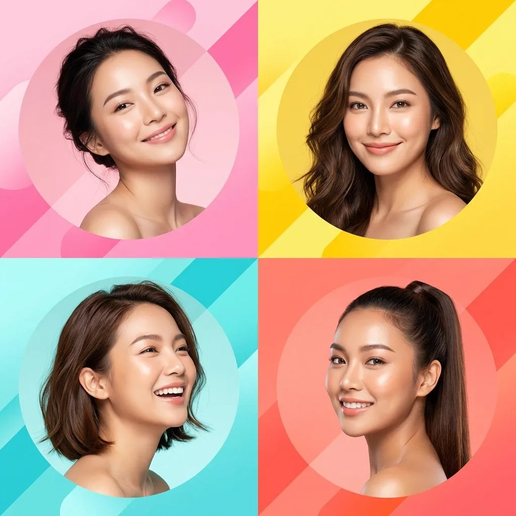 Ultra-modern high-end skincare advertising collage featuring four beautiful…