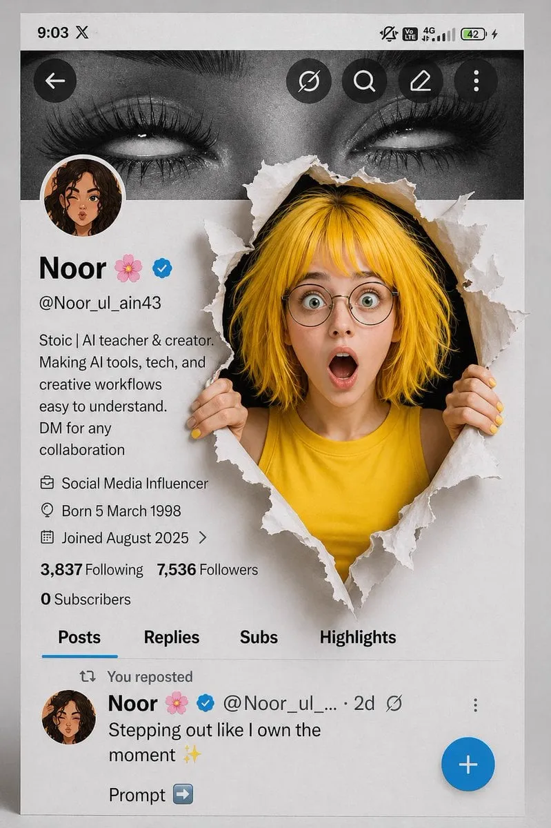A creative 3D photo manipulation of a social media profile interface, featuring…