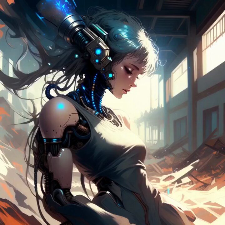 Glossy Cyborg Woman in Abandoned Warehouse