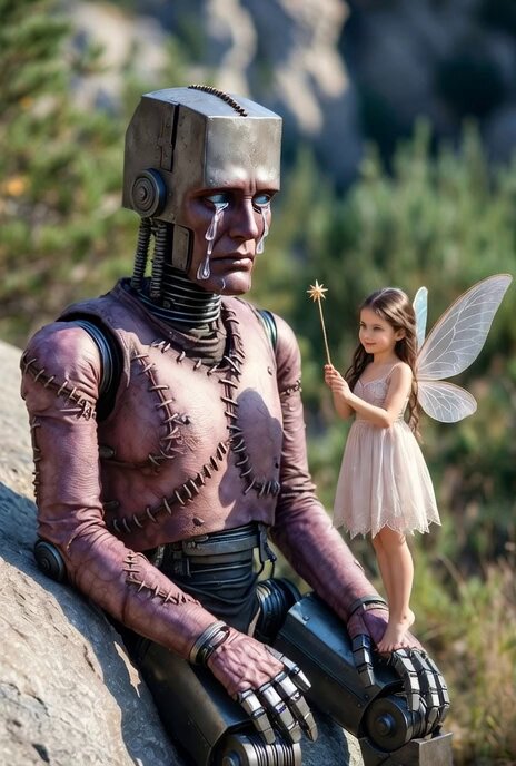 Grok Imagine prompt for a Frankenstein-like robot and a kind fairy